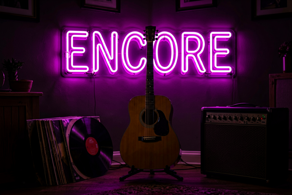 Dark scene with a glowing magenta neon sign reading ENCORE