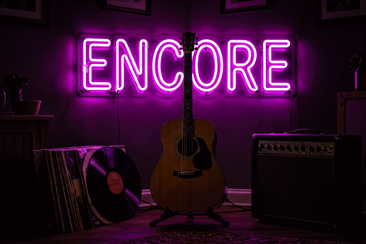 Dark scene with a glowing magenta neon sign reading ENCORE