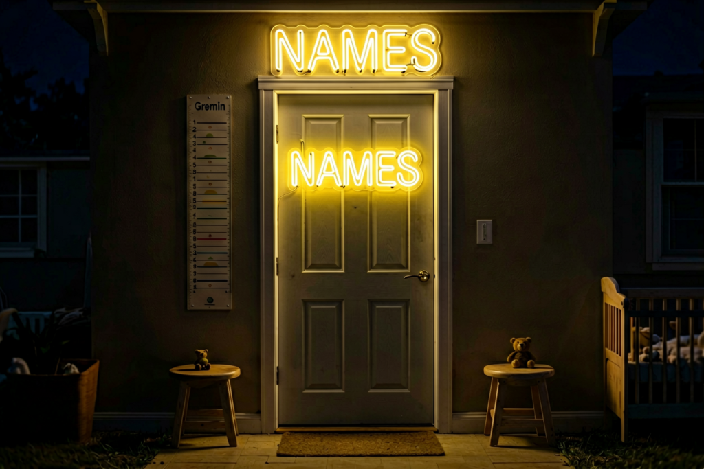Dark scene with a glowing soft yellow neon sign reading NAMES