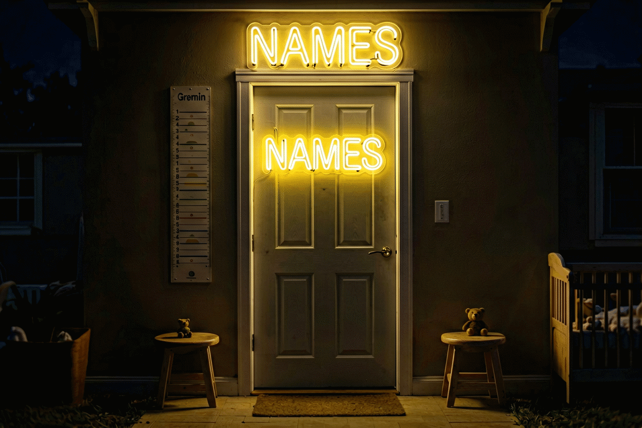 Dark scene with a glowing soft yellow neon sign reading NAMES