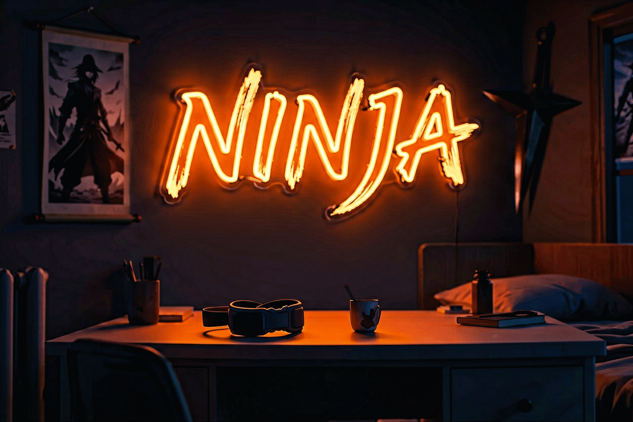 Dark scene with a glowing orange neon sign reading NINJA