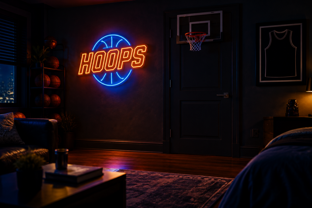 Dark scene with a glowing orange and blue neon sign reading HOOPS