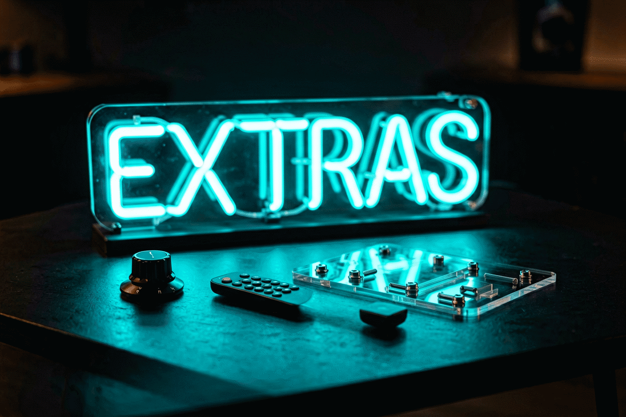 Dark scene with a glowing cyan neon sign reading EXTRAS