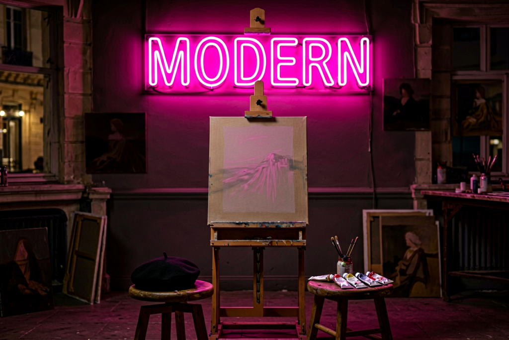 Dark scene with a glowing hot pink neon sign reading MODERN