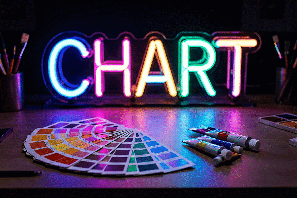 Dark scene with a glowing tri-color neon sign reading CHART