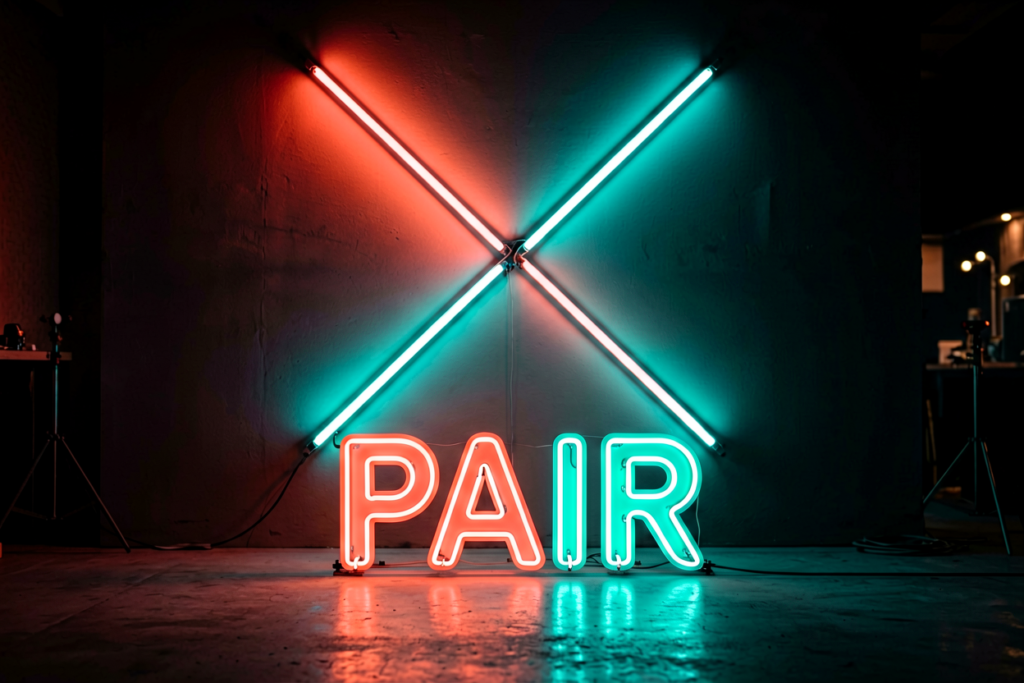 Dark scene with a glowing dual coral-teal neon sign reading PAIR