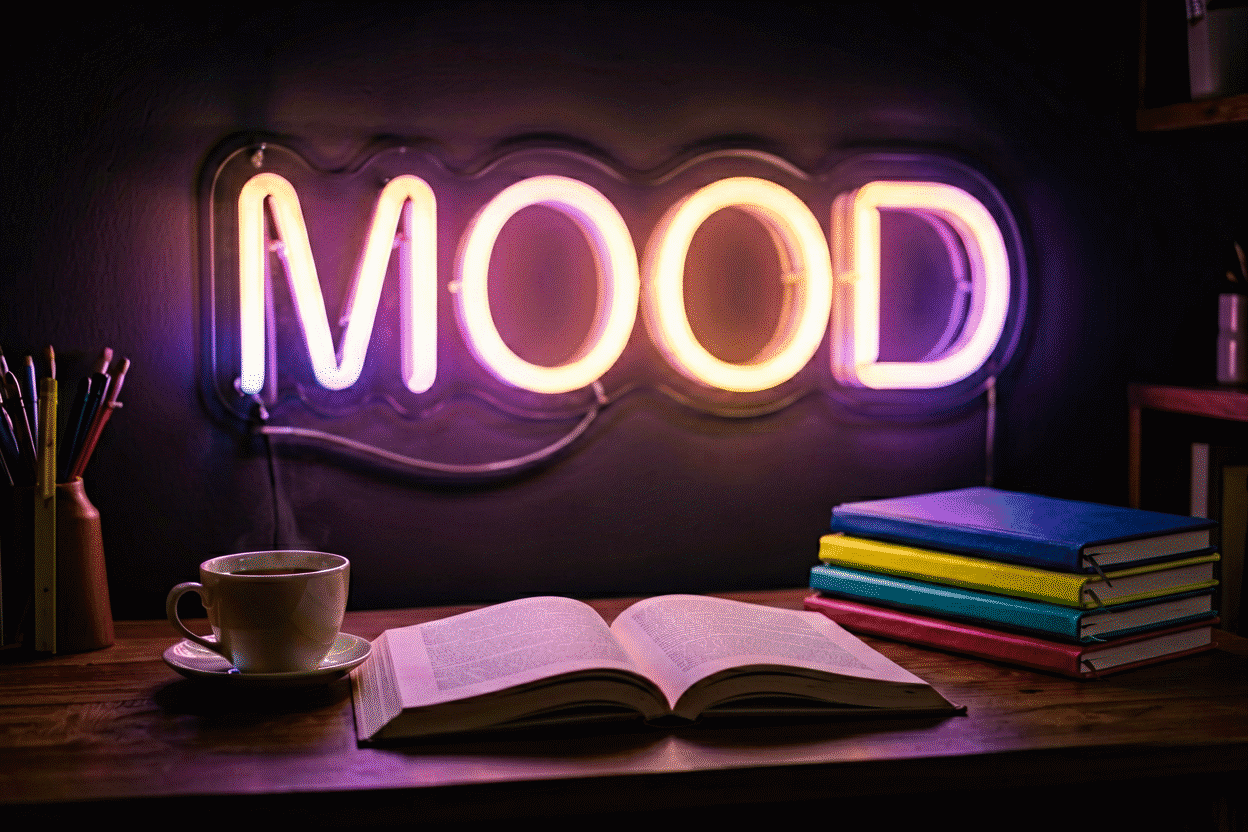 Dark scene with a glowing soft gradient neon sign reading MOOD