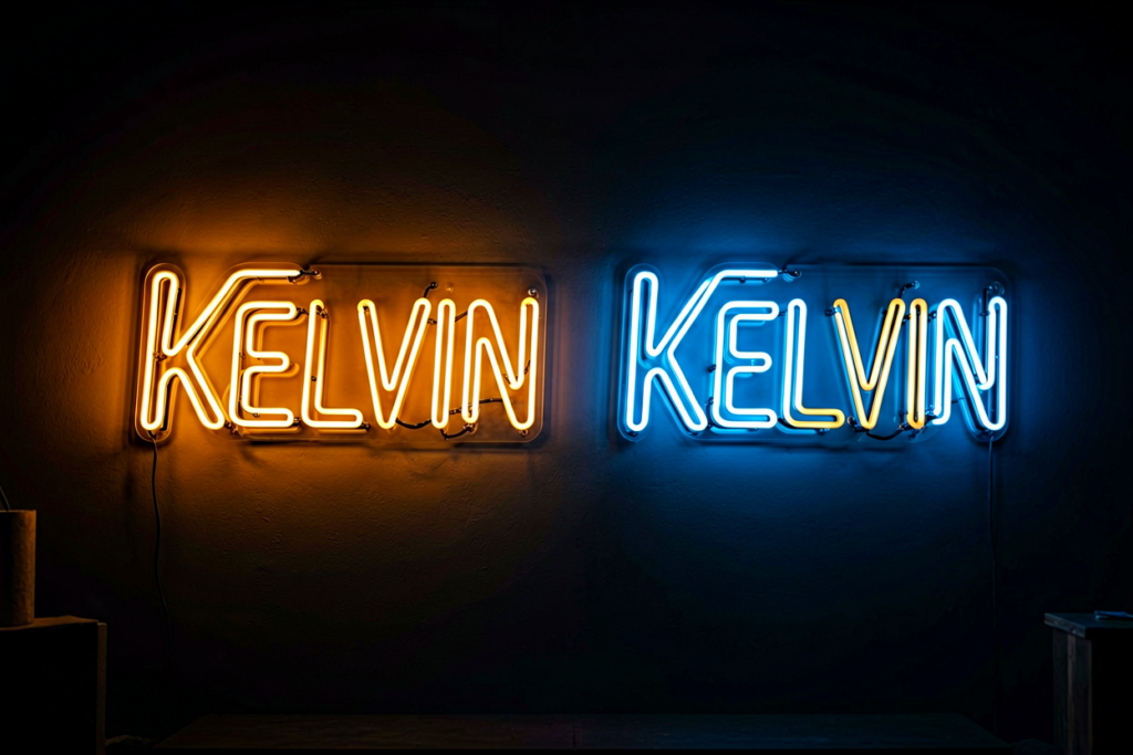 Dark scene with a glowing blue to amber neon sign reading KELVIN
