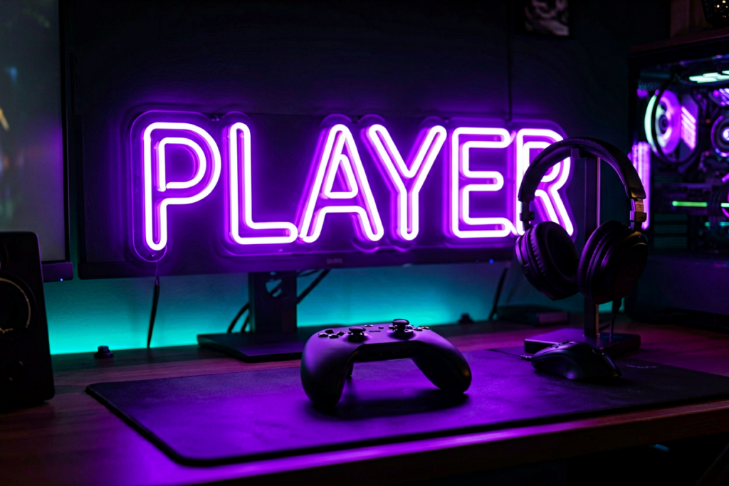 Dark scene with a glowing rgb purple neon sign reading PLAYER