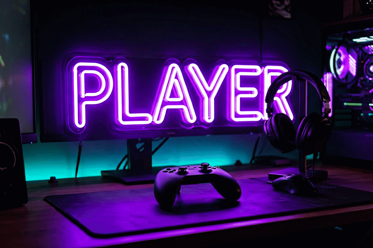 Dark scene with a glowing rgb purple neon sign reading PLAYER