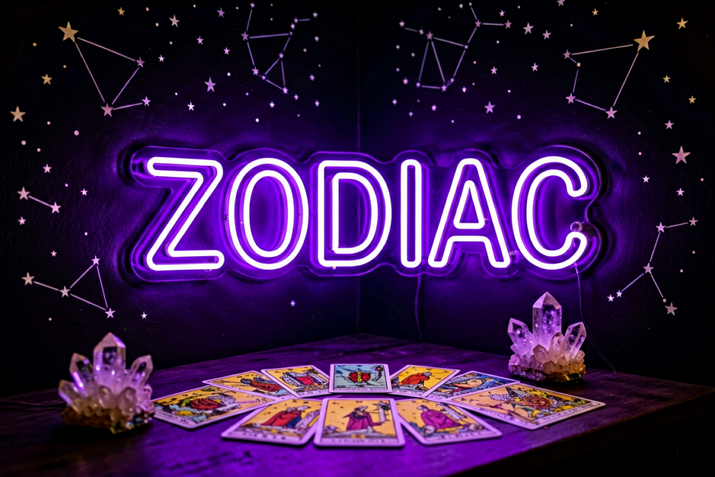 Dark scene with a glowing cosmic violet neon sign reading ZODIAC