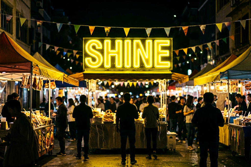 Dark scene with a glowing yellow neon sign reading SHINE