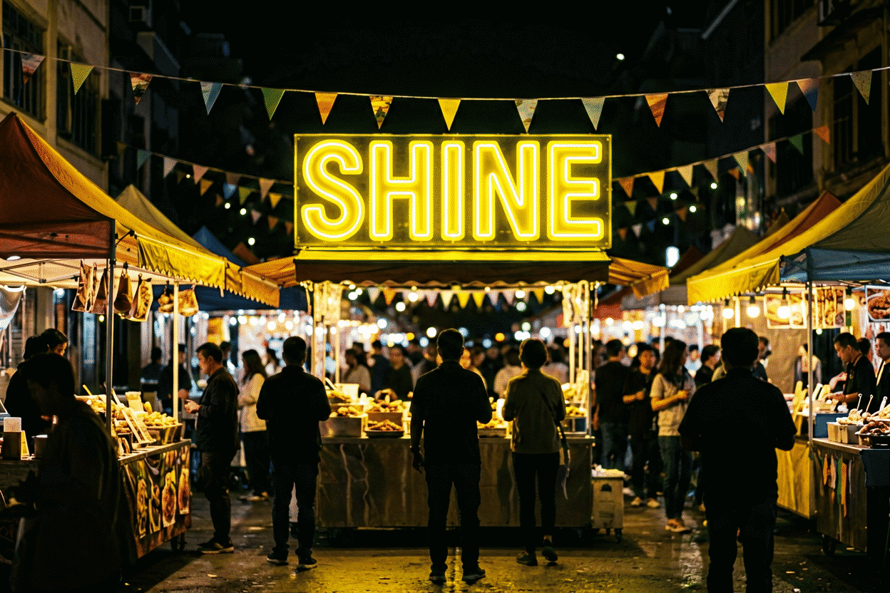 Dark scene with a glowing yellow neon sign reading SHINE