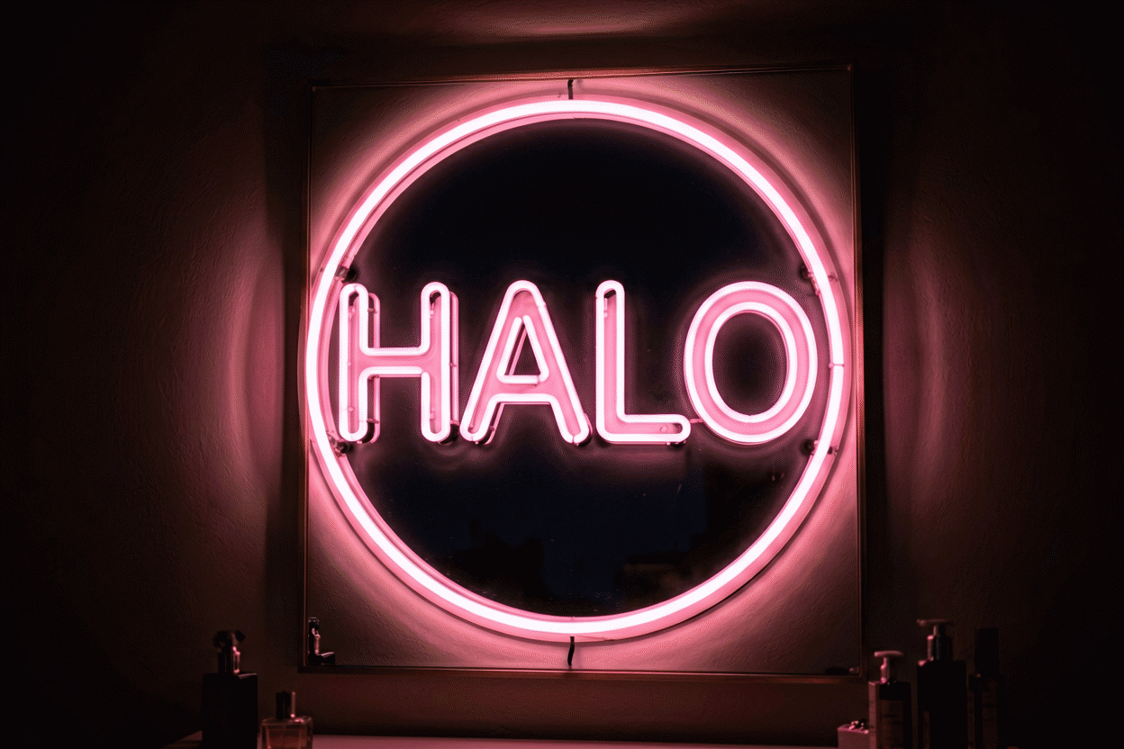 Dark scene with a glowing soft pink neon sign reading HALO