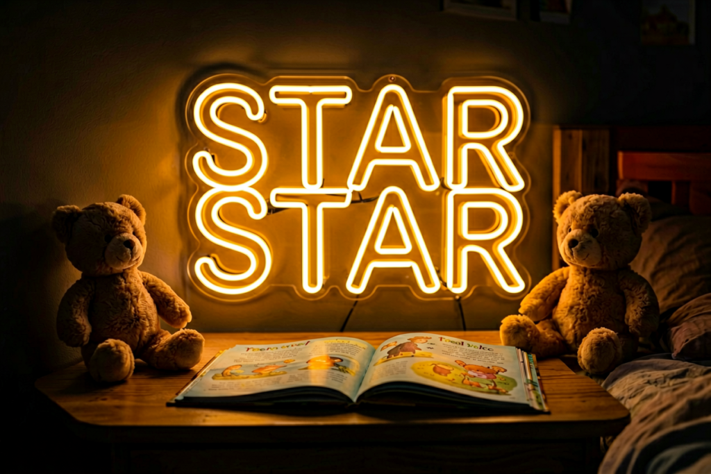 Dark scene with a glowing amber neon sign reading STAR
