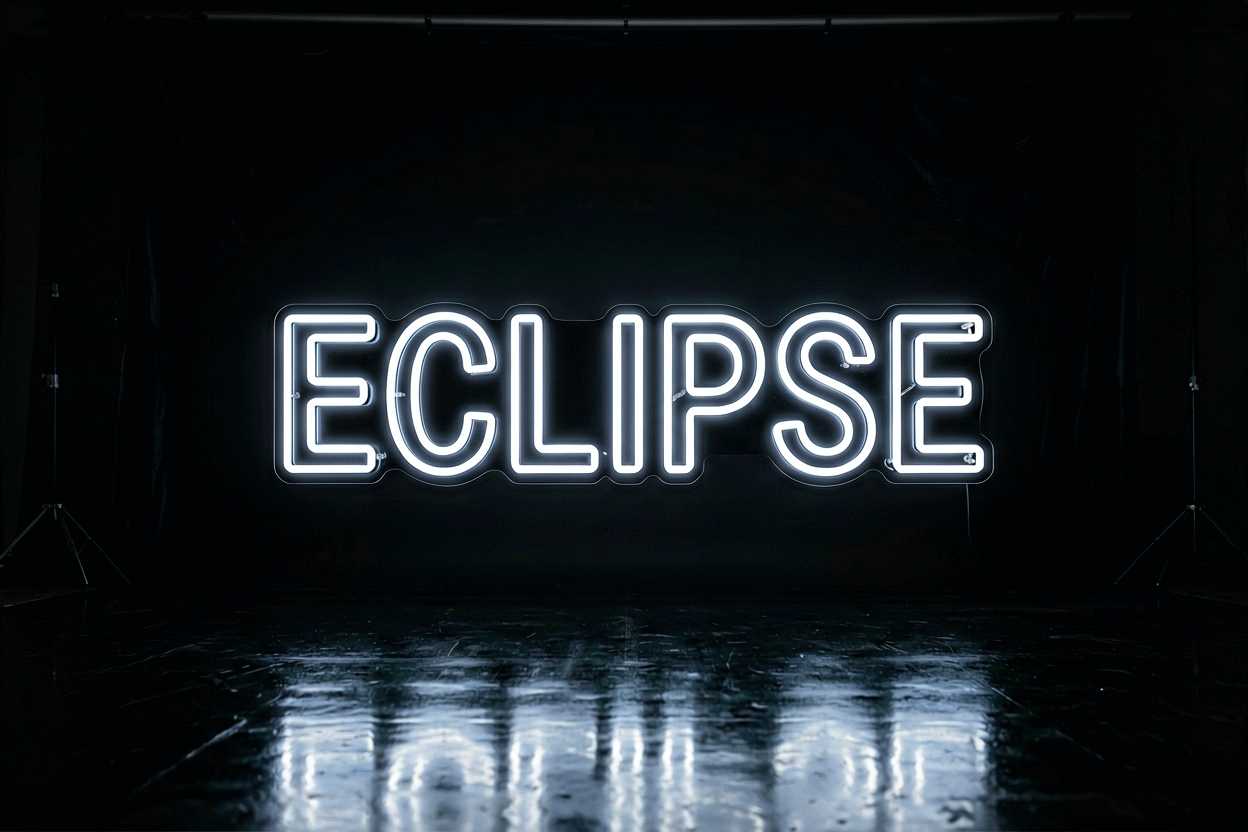 Dark scene with a glowing white on black neon sign reading ECLIPSE