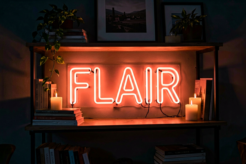 Dark scene with a glowing coral neon sign reading FLAIR