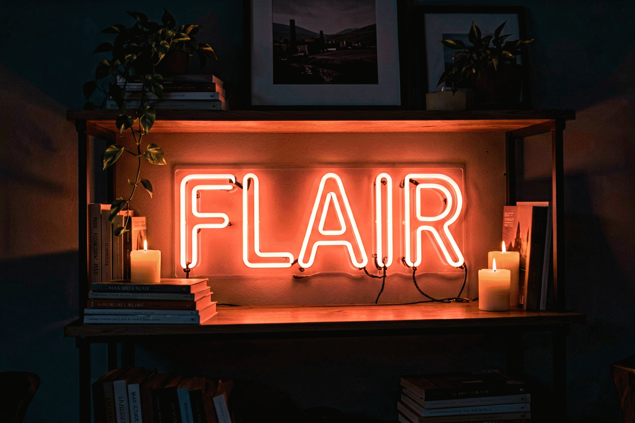 Dark scene with a glowing coral neon sign reading FLAIR