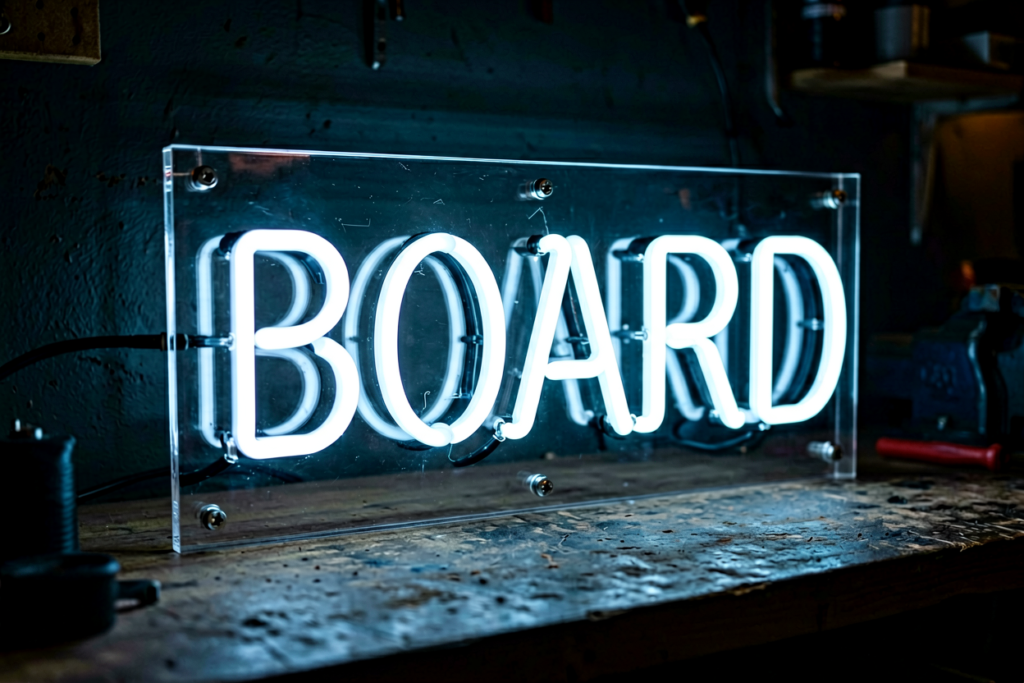 Dark scene with a glowing icy white neon sign reading BOARD