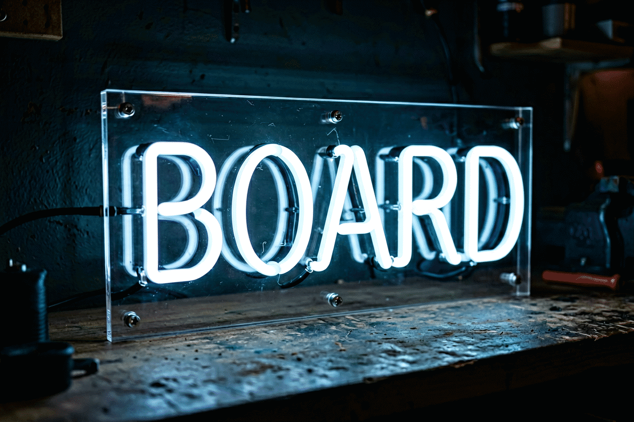 Dark scene with a glowing icy white neon sign reading BOARD