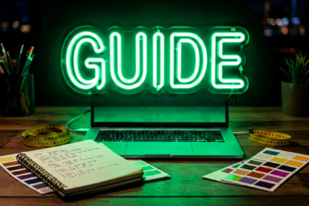 Dark scene with a glowing emerald neon sign reading GUIDE