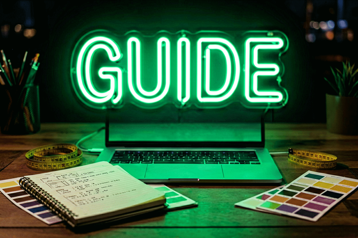Dark scene with a glowing emerald neon sign reading GUIDE