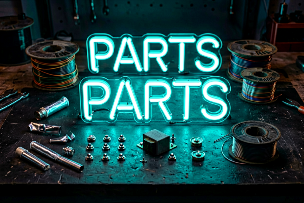 Dark scene with a glowing teal neon sign reading PARTS