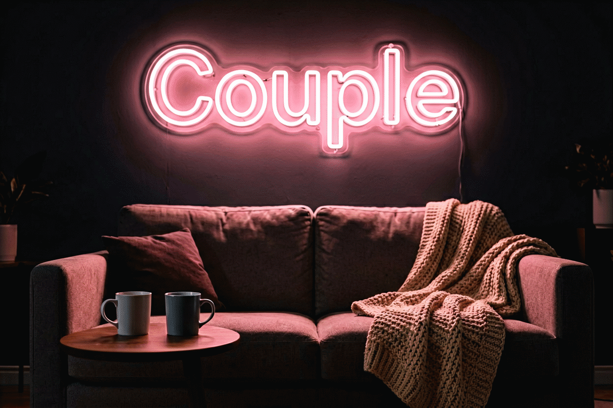 Dark scene with a glowing blush neon sign reading Couple