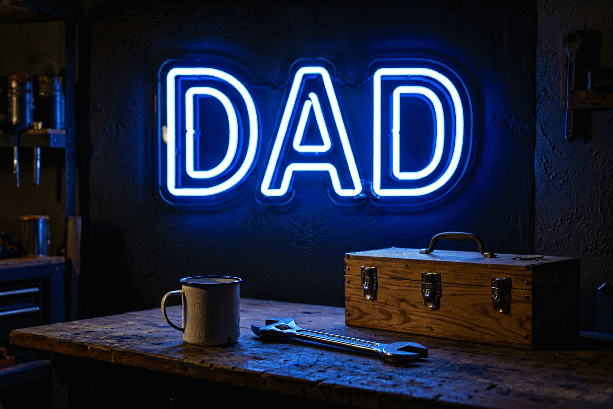 Dark scene with a glowing navy neon sign reading DAD