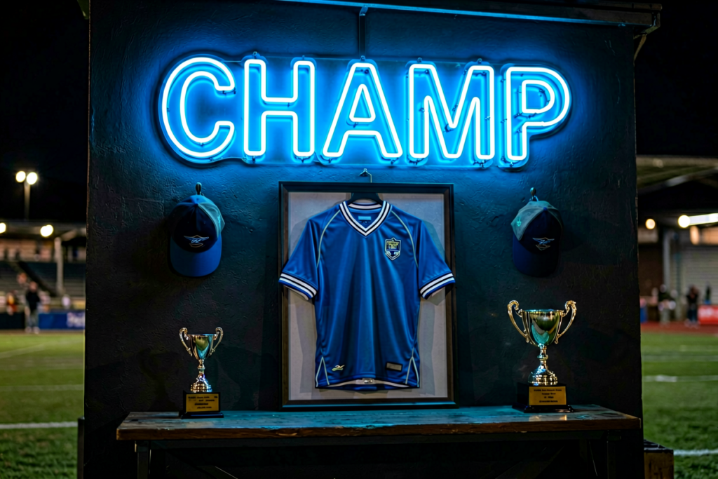 Dark scene with a glowing steel blue neon sign reading CHAMP