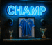 Dark scene with a glowing steel blue neon sign reading CHAMP