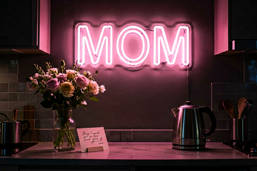 Dark scene with a glowing soft pink neon sign reading MOM