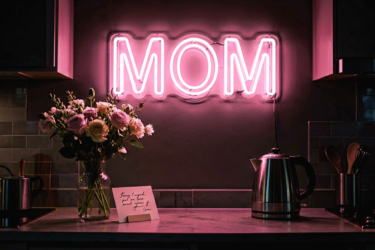 Dark scene with a glowing soft pink neon sign reading MOM