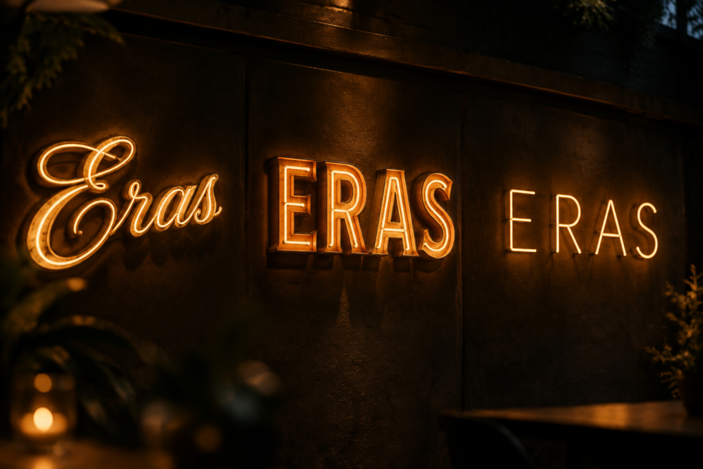 Dark scene with a glowing sepia amber neon sign reading ERAS