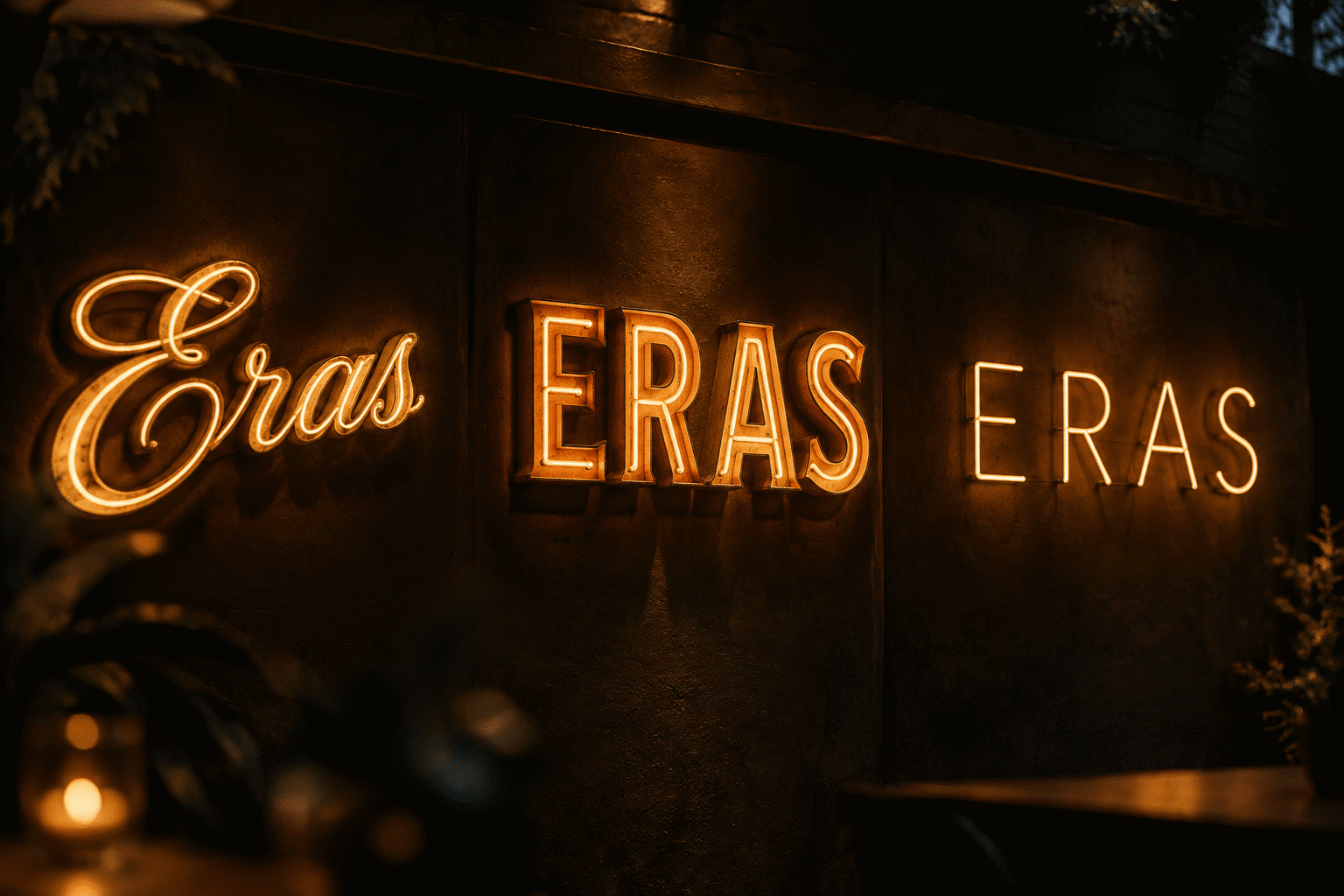 Dark scene with a glowing sepia amber neon sign reading ERAS
