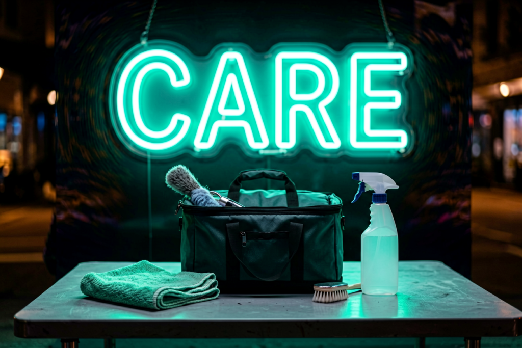 Dark scene with a glowing mint neon sign reading CARE
