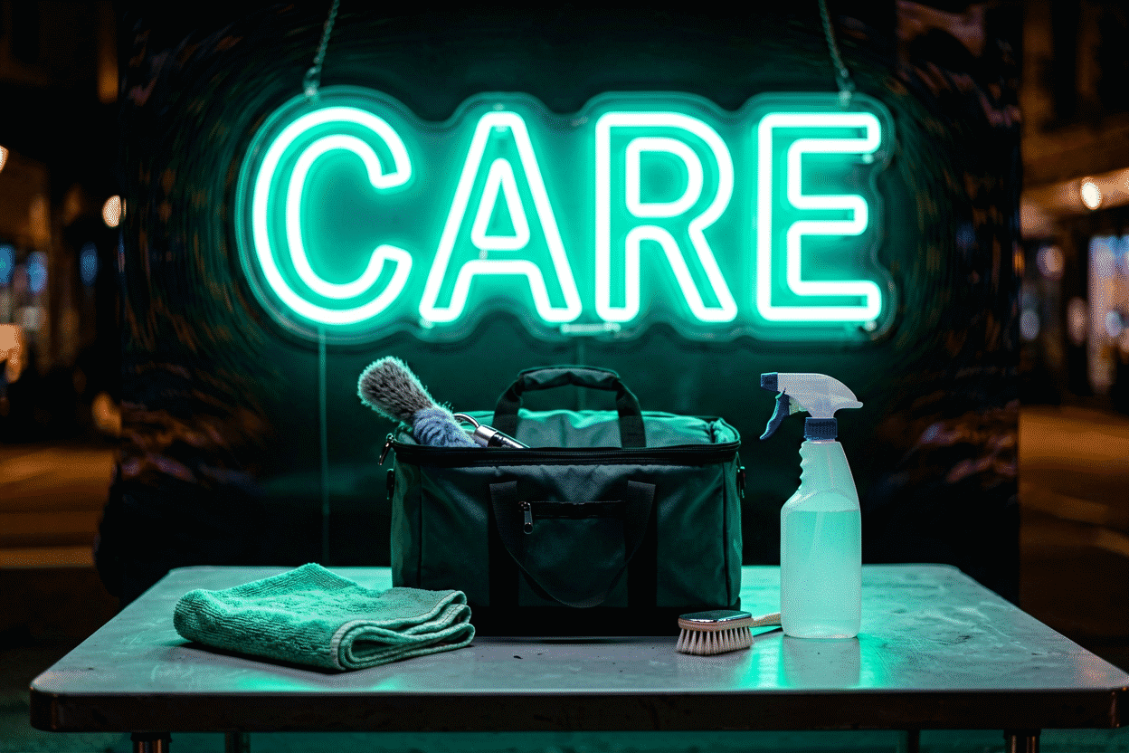 Dark scene with a glowing mint neon sign reading CARE