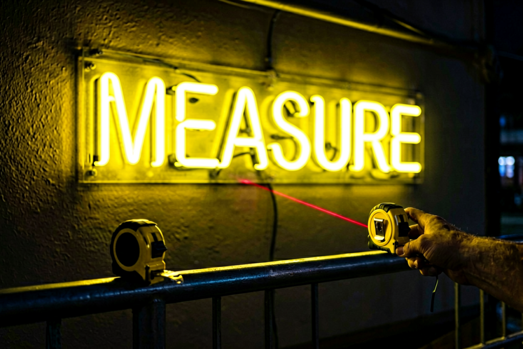 Dark scene with a glowing yellow neon sign reading MEASURE