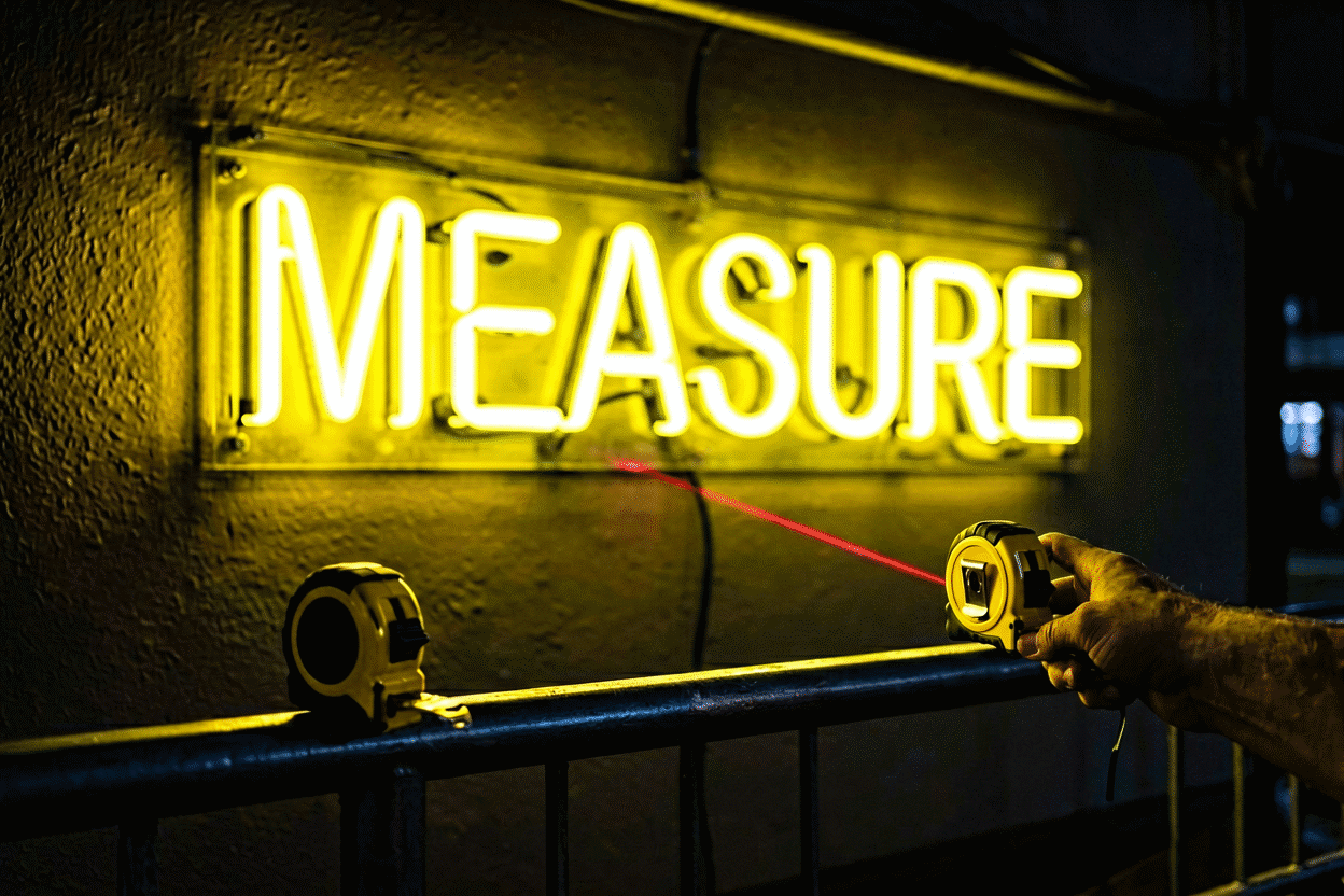 Dark scene with a glowing yellow neon sign reading MEASURE