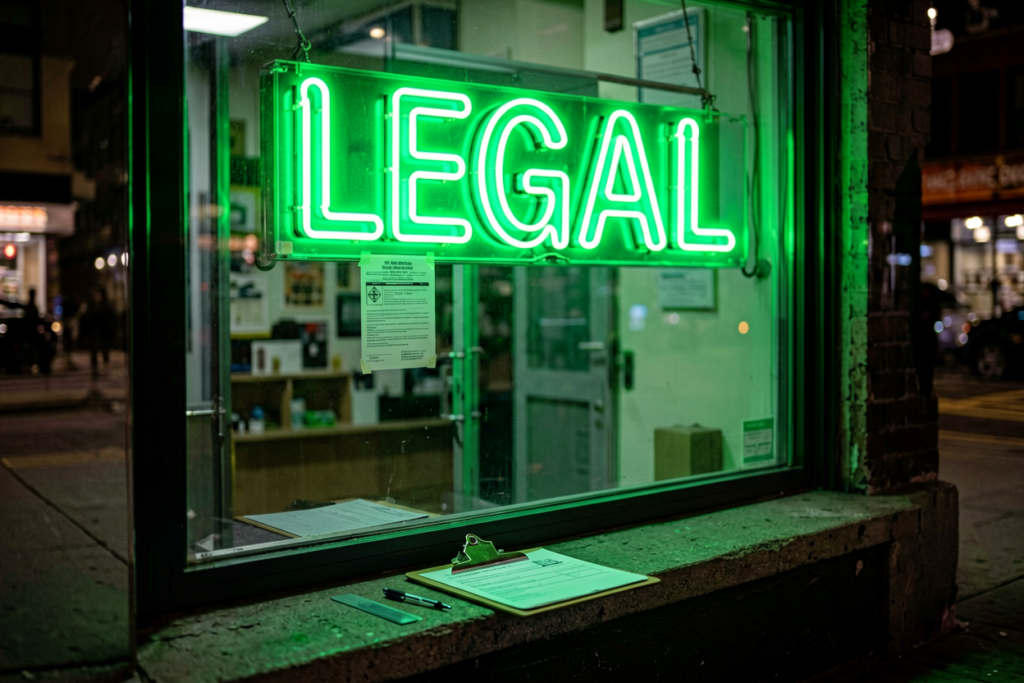 Dark scene with a glowing green neon sign reading LEGAL