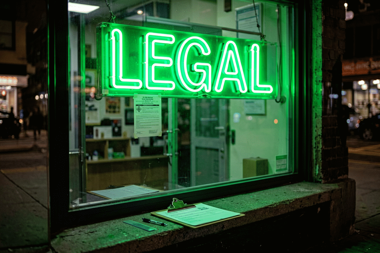 Dark scene with a glowing green neon sign reading LEGAL