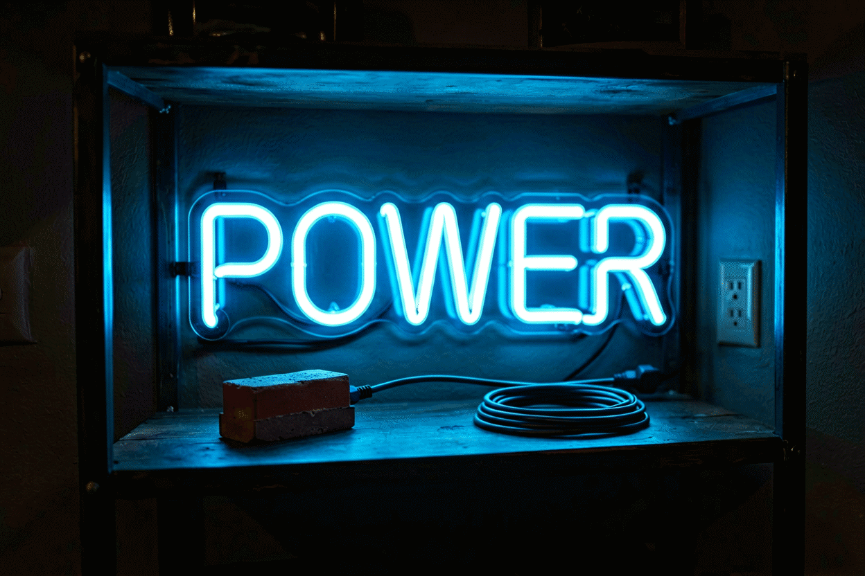 Dark scene with a glowing electric blue neon sign reading POWER