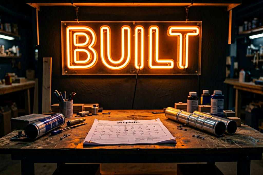 Dark scene with a glowing orange neon sign reading BUILT