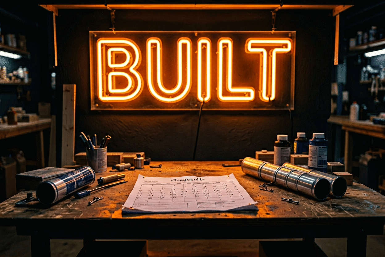 Dark scene with a glowing orange neon sign reading BUILT