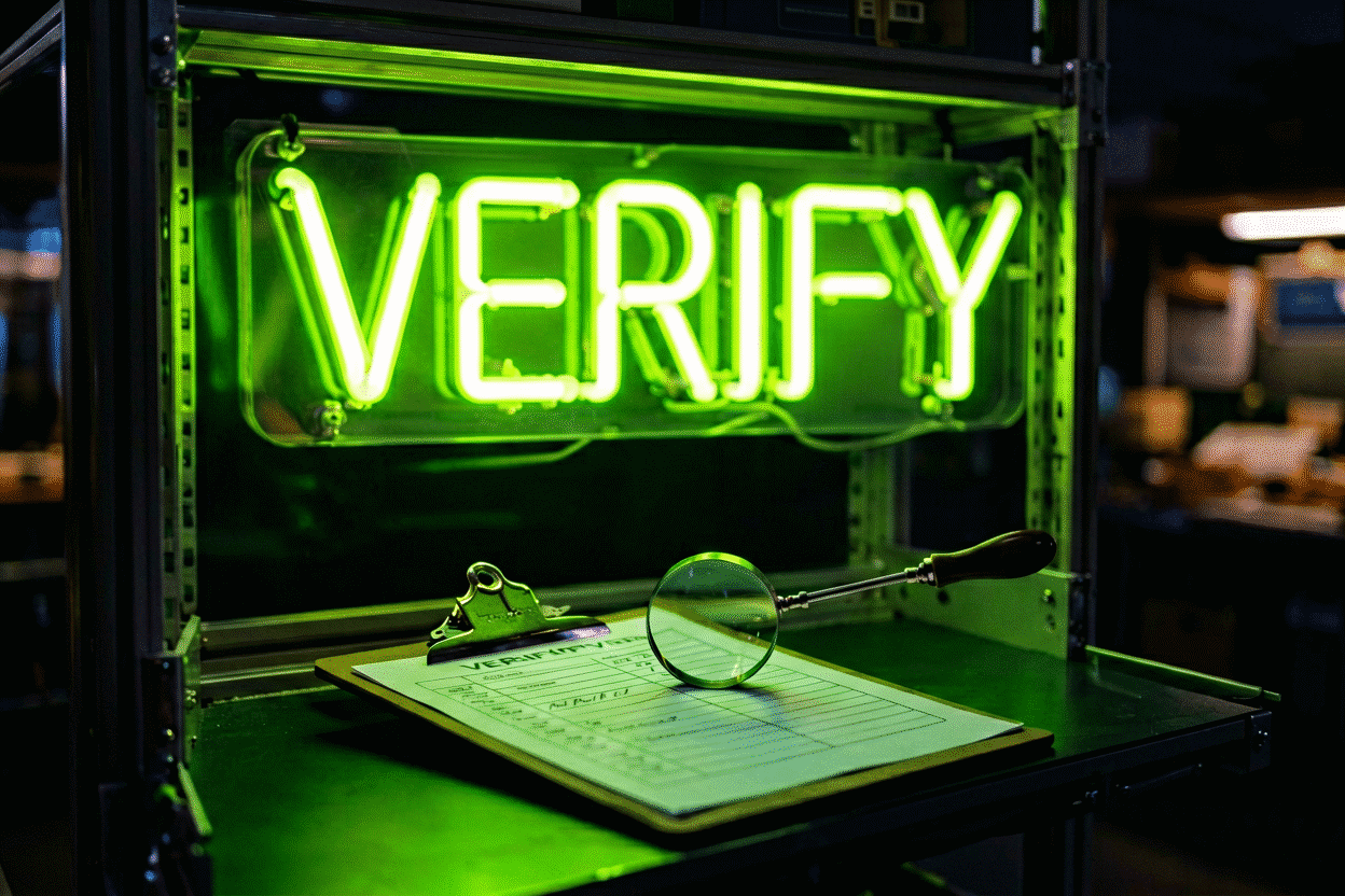 Dark scene with a glowing lime neon sign reading VERIFY