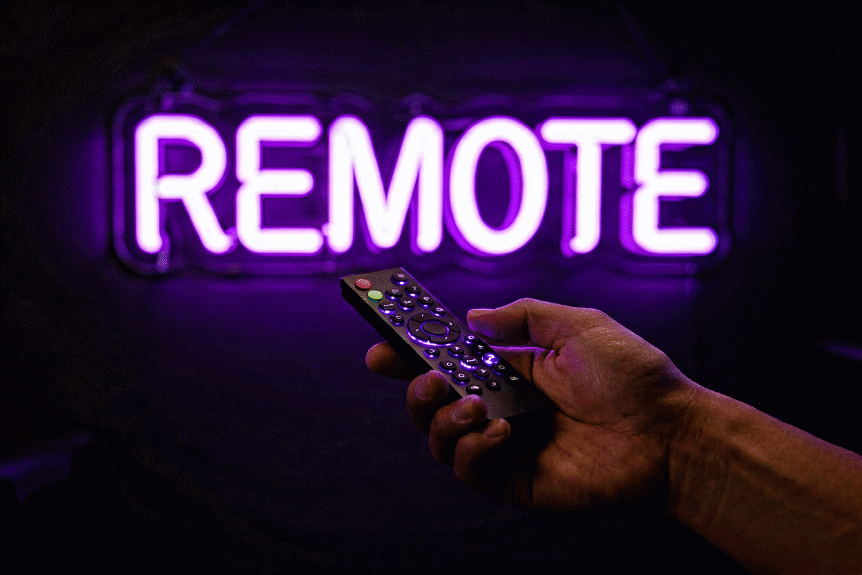 Dark scene with a glowing violet neon sign reading REMOTE