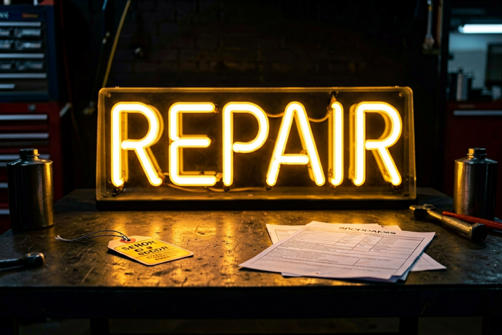 Dark scene with a glowing amber neon sign reading REPAIR