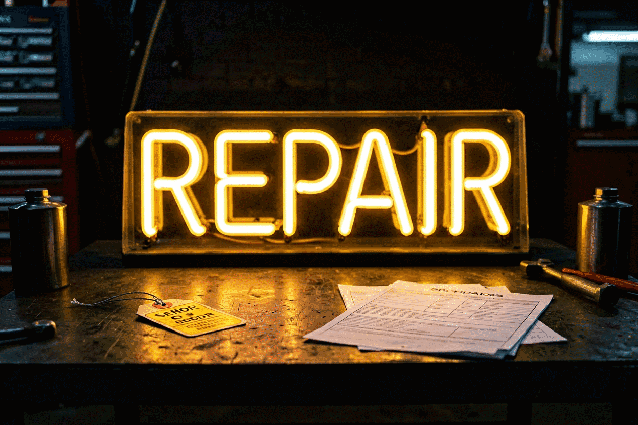 Dark scene with a glowing amber neon sign reading REPAIR