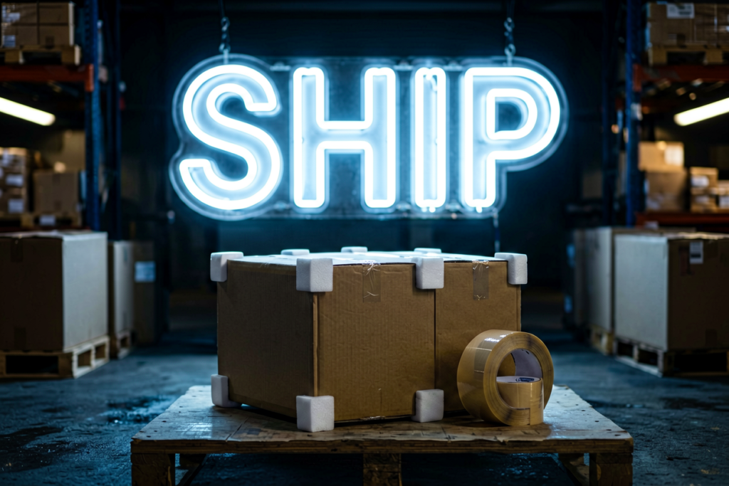Dark scene with a glowing icy white neon sign reading SHIP