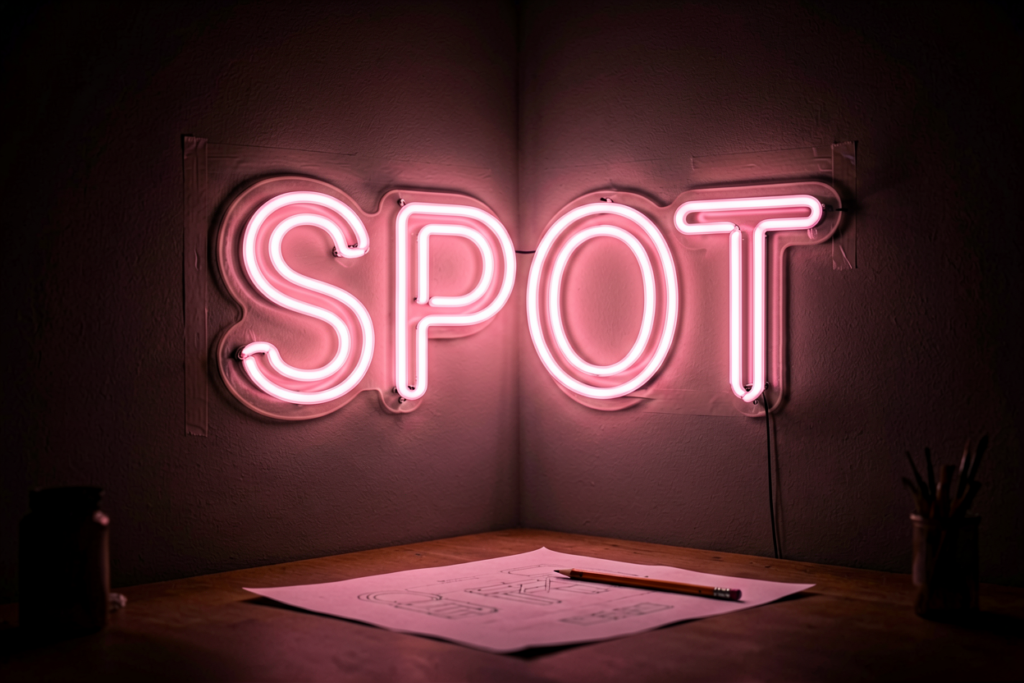 Dark scene with a glowing blush pink neon sign reading SPOT